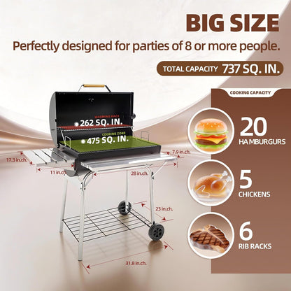 Barrel Charcoal Grill, Outdoor BBQ Smoker, 737 Sq. In. Cooking Area, Adjustable Charcoal Pan, Warming Rack, Front & Side Table, Storage Shelf, Enameled Steel Wire, Backyard, Patio (Large)