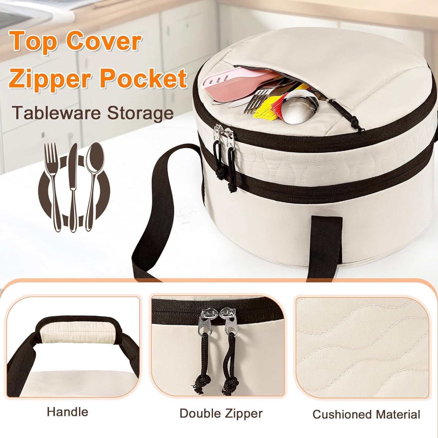 Trunab Round Double Insulated Casserole Carrier, Pie Carriers for Transport, Casserole Dish Carrier Bag for Hot or Cold Food, Wavy Texture, for Camping, Picnics, Party