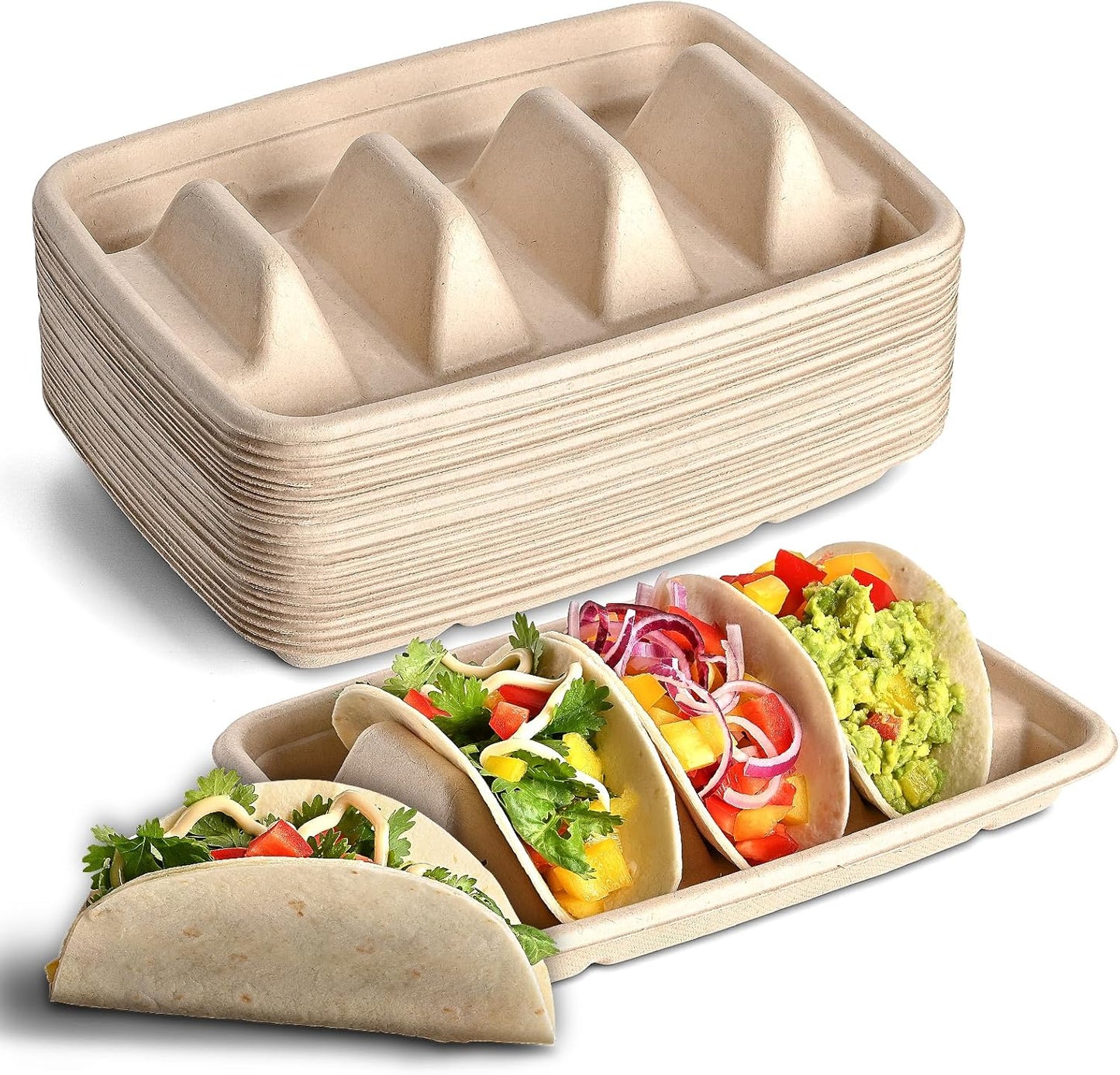 (48PCS) Taco Bar Serving Set for a Party, Disposable Taco Holder Stands, Paper Taco Holders, Taco Stands for 3 Tacos, Taco Bar Serving Dishes, Taco Plate Trays Keep Taco Upright, Taco Party Supplies