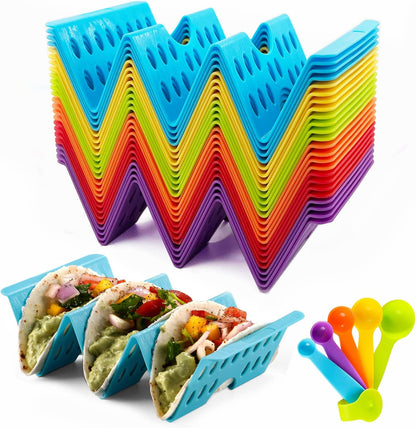 Premium Taco Holder Stand, Colorful Large Taco Holders Set of 6 or 4, Taco Stands for 3 Tacos for Soft/Hard Shells, Street Taco Rack with Plates & Tray, Dishwasher & Microwave Safe