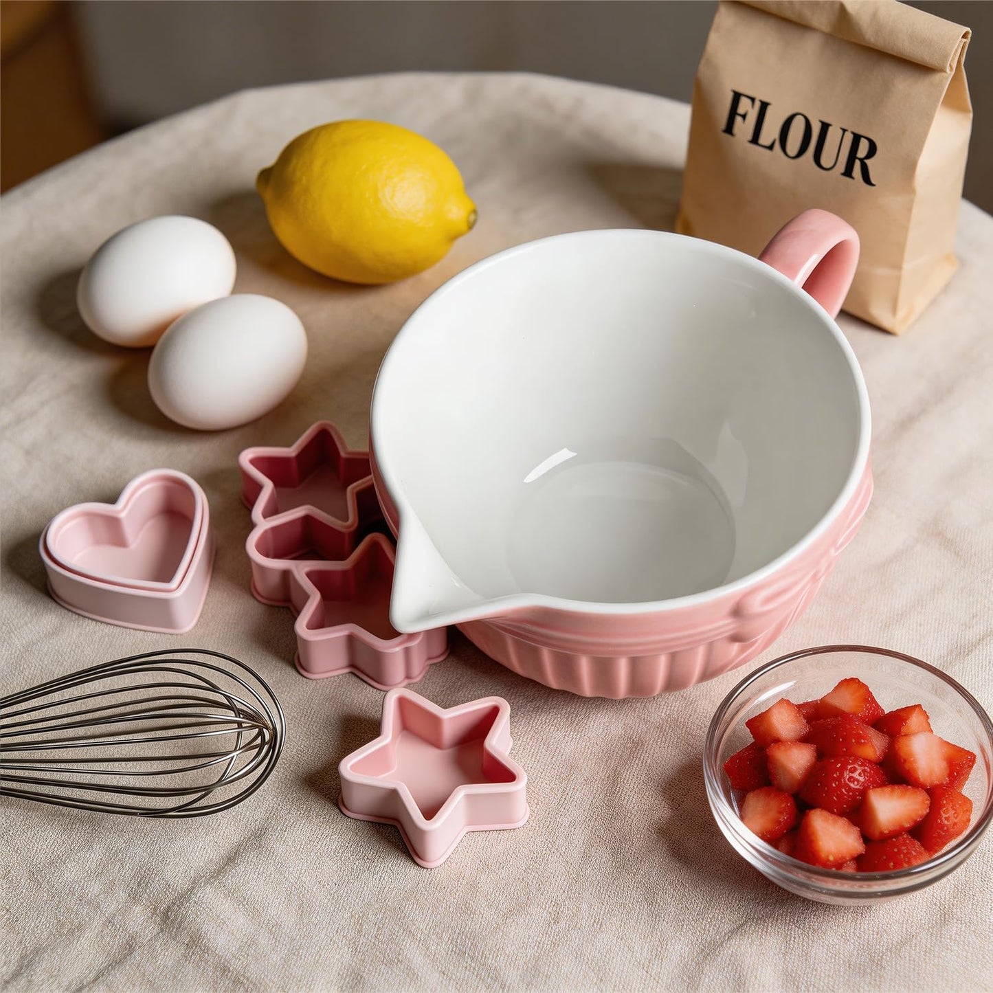 Gaolinci Bow Embossed Ceramic Mixing Bowl, 1 Quart Batter Bowl with Pouring Spout and Handle