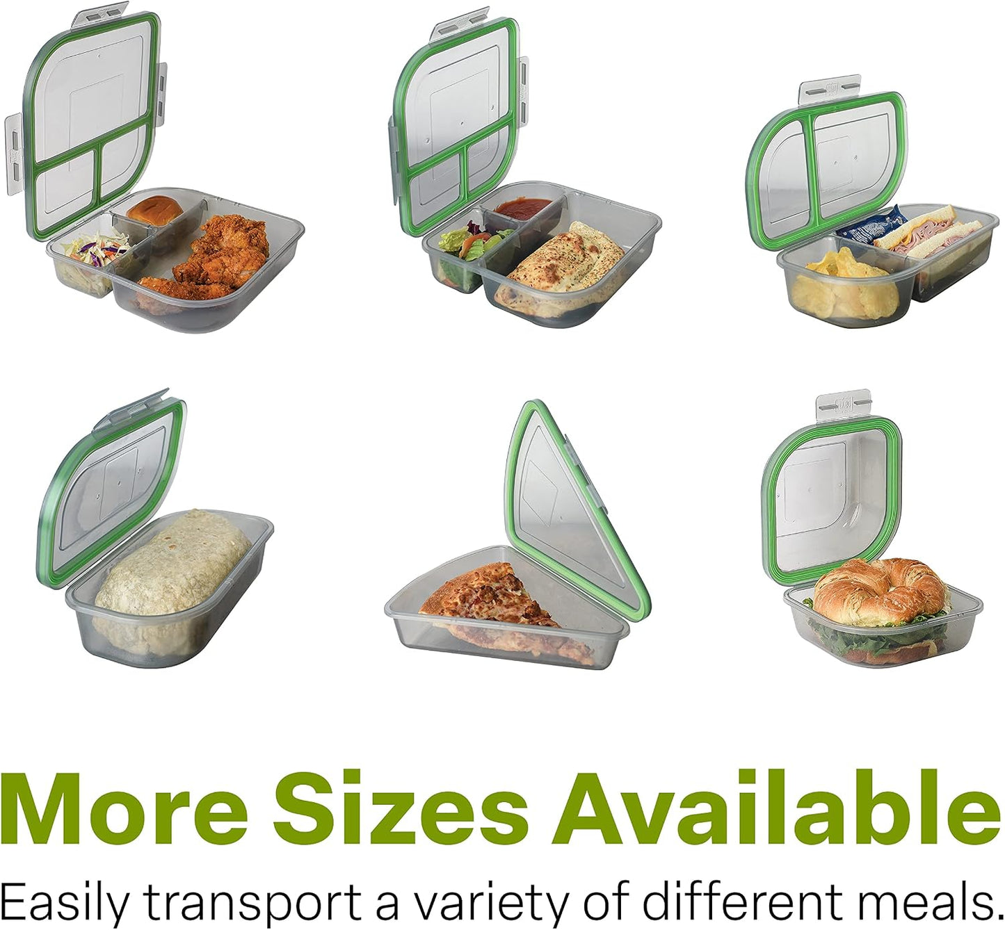 MyGo Container Large To-Go 3-Compartment Food Containers, Pack Of 3, 9-3/8" X 9-3/8" X 2-1/2", Reusable, Microwave Safe, NSF Certified, Smoke/Green