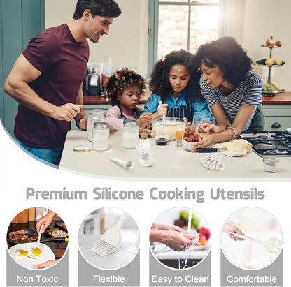 E-far Silicone Cooking Utensils Set, 25 Piece Kitchen Utensils with Holder, Non Toxic Kitchen Tools Spatula, Turner, Spoon, Ladle for Nonstick Cookware, Heat Resistant & Dishwasher Safe - Black