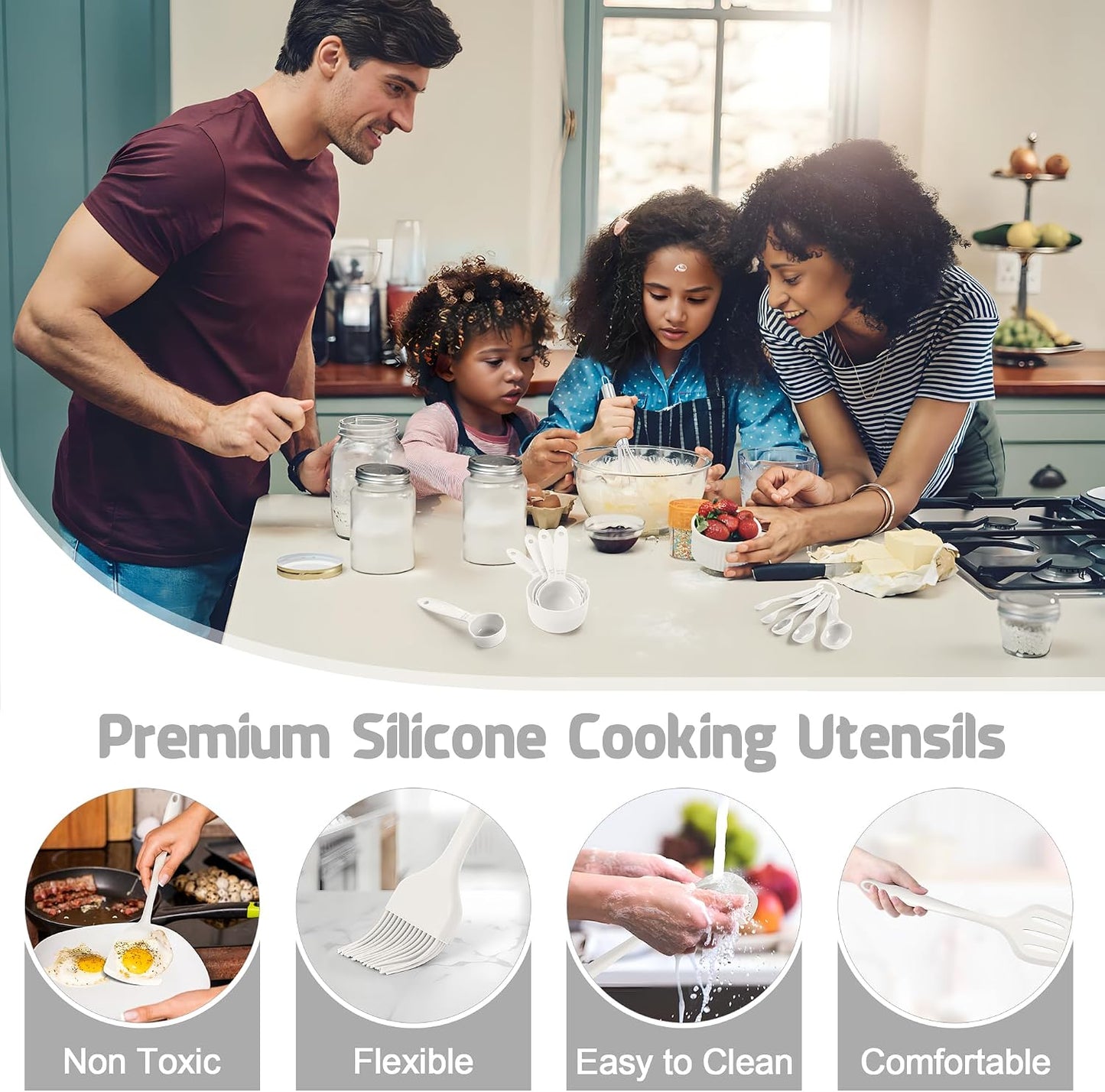 E-far Silicone Cooking Spoon Set of 2, Heat Resistant Kitchen Spoons Utensils Nonstick Mixing Spoon for Baking Stirring Serving, Non-Toxic & Dishwasher Safe (Black)