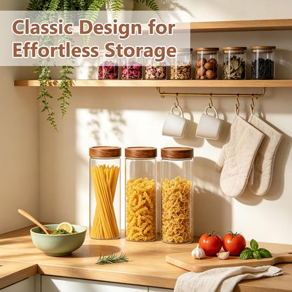KEYWING 88oz Large Glass Jars with Airtight Acacia Wood Lids, Set of 3 Food Storage Containers for Flour, Sugar, Rice, Pasta, Cereal, Cookies – Includes 126 Labels