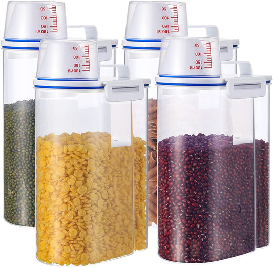 Cereal Containers Set 4 Pcs Airtight Food Storage Container with Measuring Cup Dispenser Plastic Storage Containers with Lids for Rice Oatmeal Flour Grain & Pet Cat Dog Food Container, 2.5 L