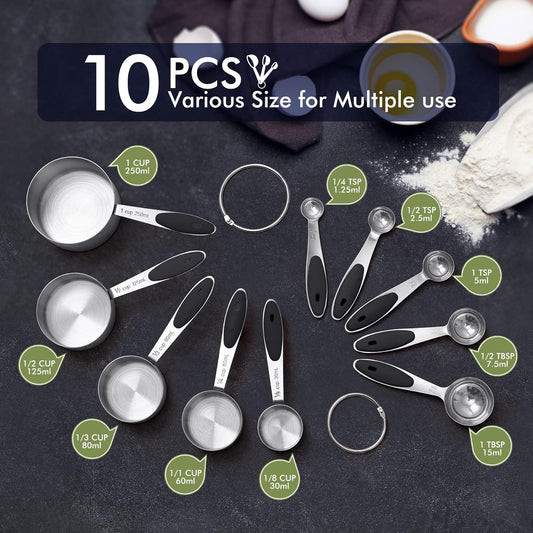 HOTEC 10-PACK Measuring Cups and Spoons Set, Kitchen Gadagets Cooking Baking,Heavy Duty & Dishwasher Safe for Dry and Liquid Ingredients,Black