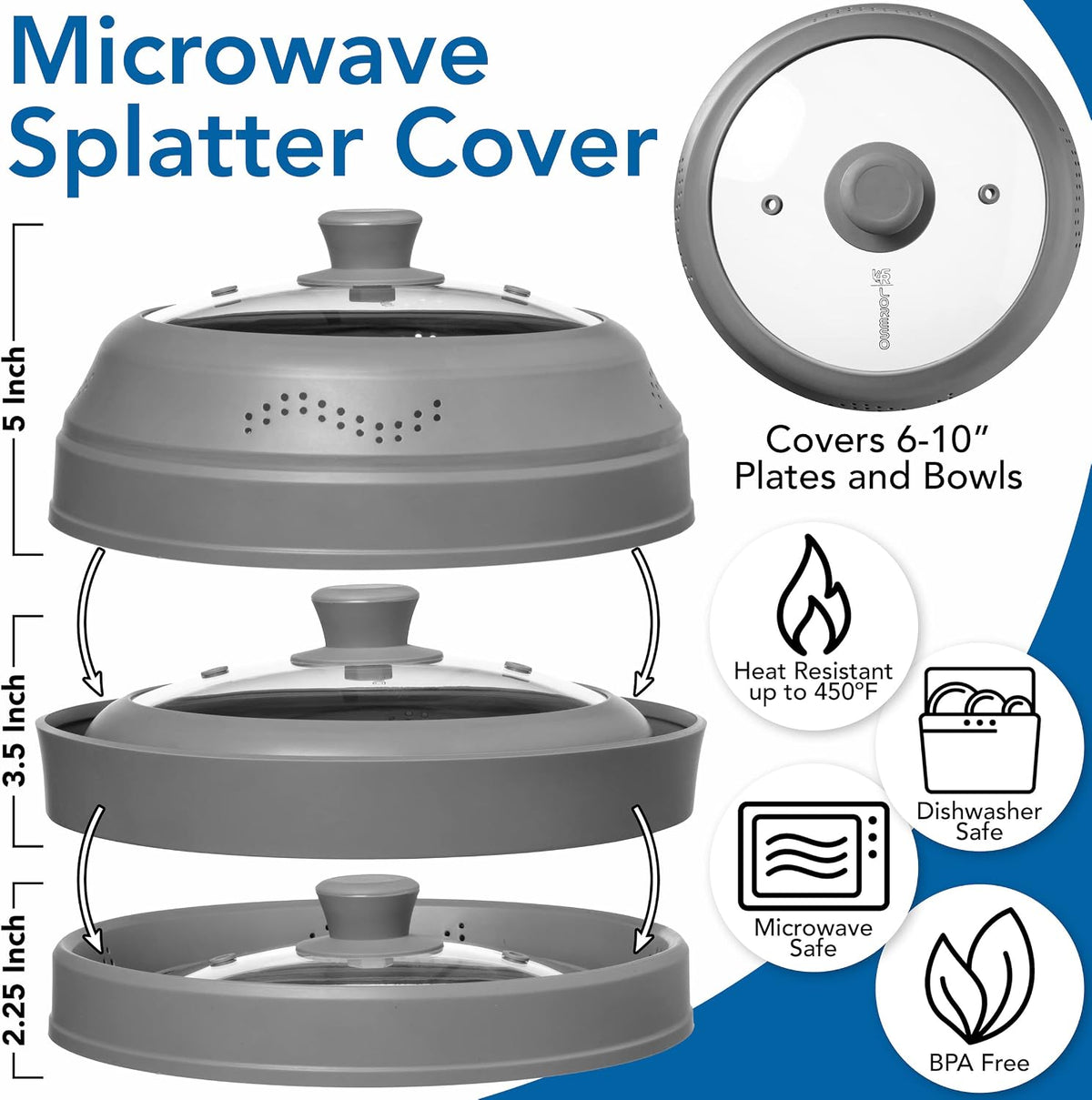 Microwave Splatter Cover Guard – Glass Silicone Dish Cover, Collapsible