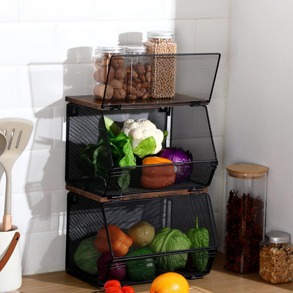 Teenyyou 2 Pcs Stackable Mesh Fruit Basket with Lid Wall Produce Vegetable Storage Basket Onion Potato Hanging Metal Wire Container for Kitchen Counter Pantry(Non-removable,Black,8.3" w & 13.8" l)