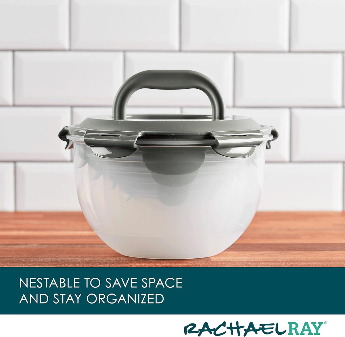 Rachael Ray Leak-Proof Nestable Container Food Storage Bin Set, 10-Piece, Clear with Teal Lids