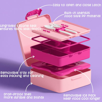 Fimibuke Chill Bento Box for Kids Adult, Leak Proof Toddler Lunch Box with Ice Pack Keep Food Cold, BPA Free 4 Compartment Lunch Container with Utensils for Girl Boy School, Microwave Dishwasher Safe