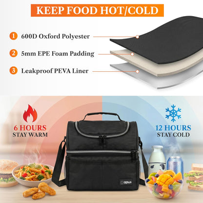 opux Insulated Lunch Bag for Men Women, Double Decker Leakproof Lunch Box Cooler Tote with Shoulder Strap, Large Lunchbox for Work School Travel Meal Prep, Adults Kids Boys Girls, Green, 16 Cans