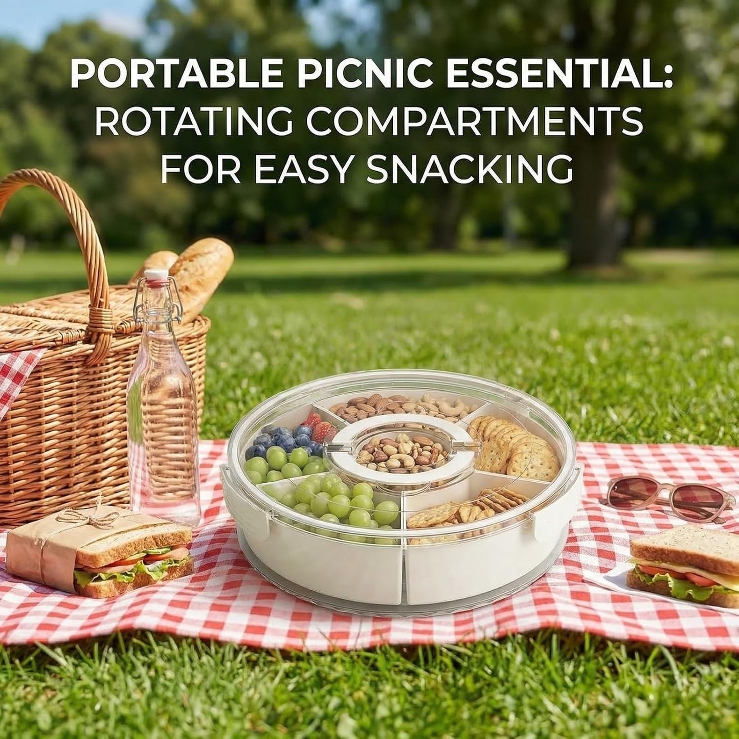 1-Pack Divided Serving Tray with Lid and Handle, 6-Compartment Snackle Box Container for Fruits Vegetables Snacks, Portable Spinning Round Veggie Tray for Kitchen Party Travel Picnic