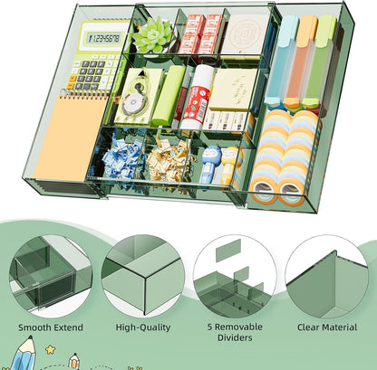 Marbrasse Expandable Desk Drawer Organizer, Clear Plastic Drawer Organizer Tray with 10 Adjustable Compartments, Desk Organizers and Accessories, 5 Drawer Dividers for Office Supplies, Makeup(Clear)