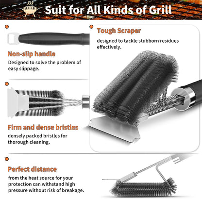 Grill Brush and Scraper-18 Adjustable Handle Safe BBQ Grill Brush for Outdoor Grill-Deep BBQ Clearning Brush wih Bottle Operner Extra Strong Grill Cleaner Accessories for Gas/Charcoal Grilling Grates