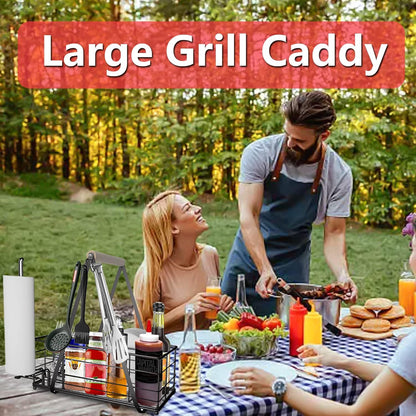 Picnic Caddy BBQ Utensil Caddy for Outdoor Grill Camping for Plate Cutlery CompartmentStorage with 3 Hooks Kitchenn Barbecue Accessories RV Patio Tailgate EssentialsEasy Carry Grilling Gifts for Men