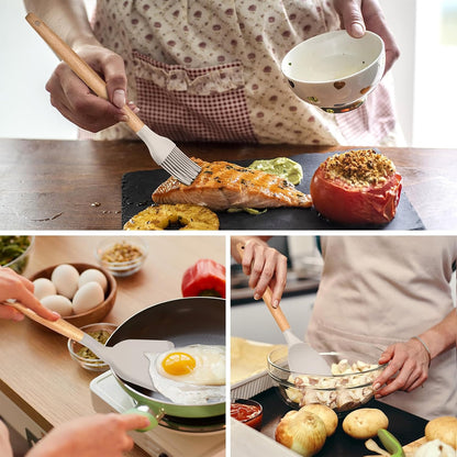 E-far Cooking Utensils Set of 6, Silicone Kitchen Utensils with Wooden Handle, Non-stick Cookware Friendly & Heat Resistant, Includes Spatula/Ladle/Slotted Turner/Serving Spoon/Spaghetti Server(Khaki)