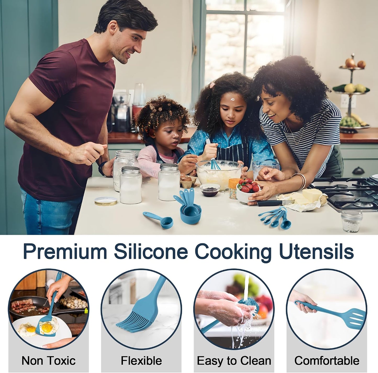 E-far Silicone Cooking Spoon Set of 2, Heat Resistant Kitchen Spoons Utensils Nonstick Mixing Spoon for Baking Stirring Serving, Non-Toxic & Dishwasher Safe (Black)