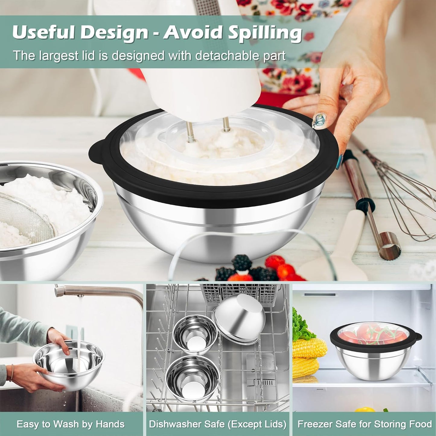 TeamFar Mixing Bowls, Stainless Steel Nesting Salad Bowls with Lids Set of 3 & 3 Grater Attachments, For Mixing/Serving/Storing, Non-toxic & Long-lasting, Size 4.6/3 / 1.5 QT, Black