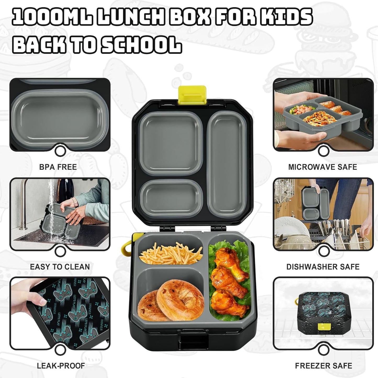 Itslife Bento Lunch Box Set for Kids with 12oz Soup Thermo&Lunch Bag, Leak-Proof Lunch Food Containers for Kids School, 5 Compartment, Sauce Cup, 10 Notes (Dinosaurs Black)