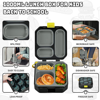 Itslife Bento Lunch Box Set for Kids with 12oz Soup Thermo&Lunch Bag, Leak-Proof Lunch Food Containers for Kids School, 5 Compartment, Sauce Cup, 10 Notes (Dinosaurs Black)