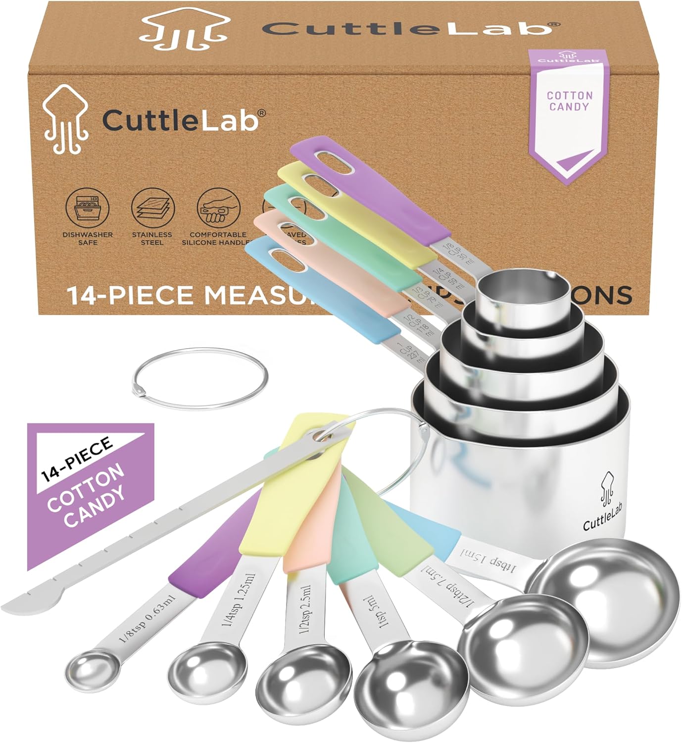 CuttleLab Measuring Cups and Measuring Spoons Set of 14 - Stainless Steel Measuring Cups and Spoons Set, Includes 1/8 Teaspoon Measuring Spoon, 1/8 Cup Measuring Cup, Leveler Dry (14, Country Chic)