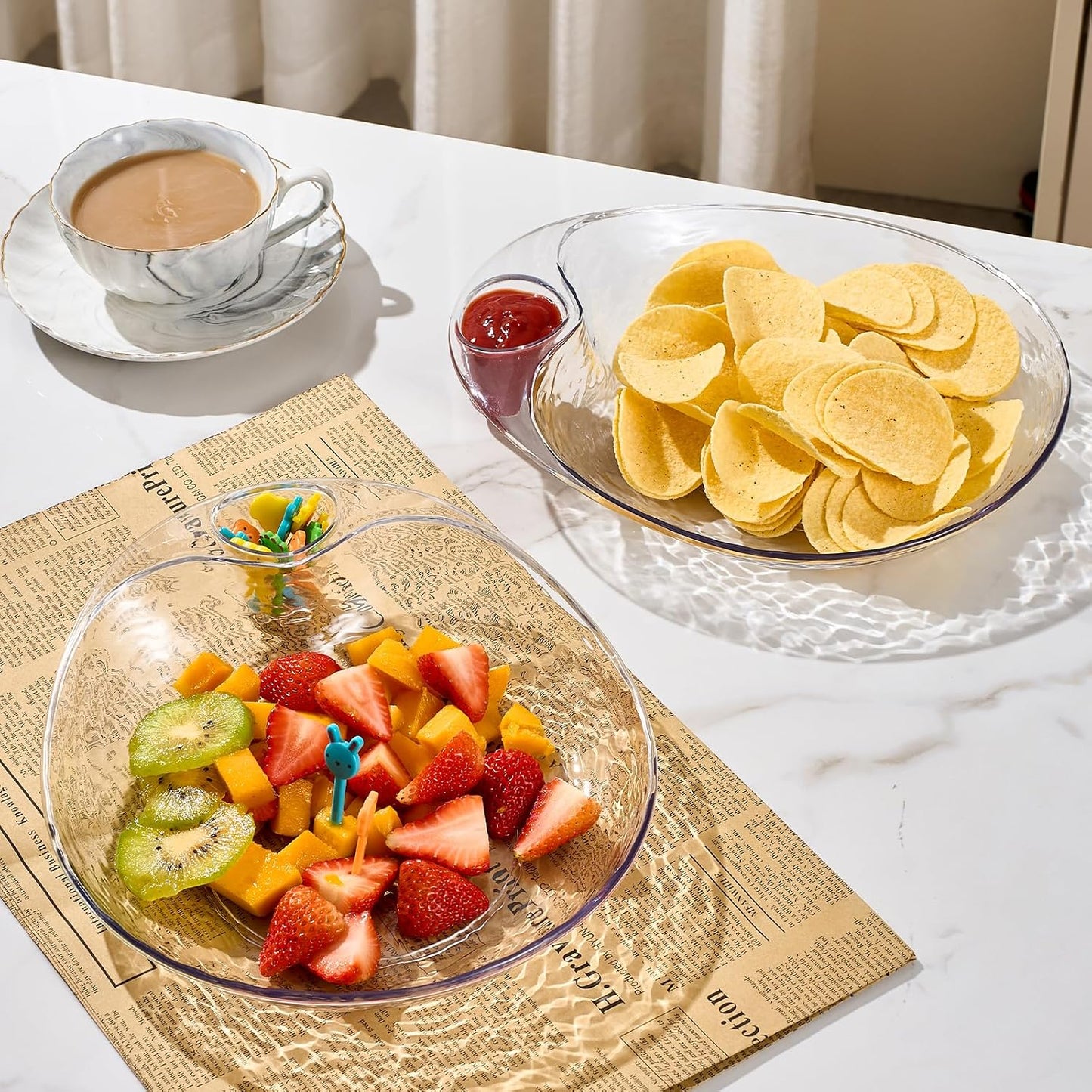 Clear Chip and Dip Serving Platter Set, 2 Pcs Fruit Plates Divided Party Trays 10'' x 8.7'' Snack Bowl Dishes, Wine Dine Appetizer Plates, Reusable BPA-free Plastic Dumpling Plate with Sauce Holder