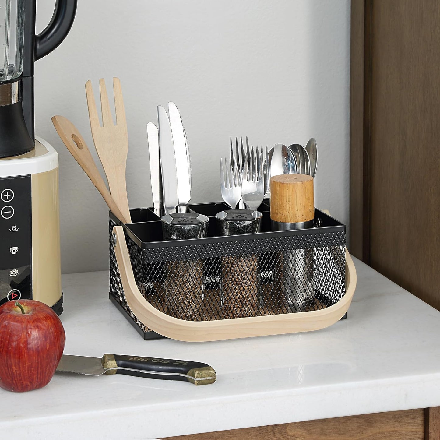SunnyPoint Utensil Caddy with Plywood Handle – Metal Mesh Silverware & Cutlery Organizer for Kitchen, Picnic, Party, Restaurant & Events (BLUE)