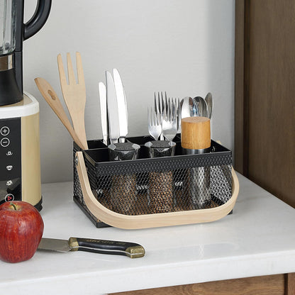 SunnyPoint Utensil Caddy with Plywood Handle – Metal Mesh Silverware & Cutlery Organizer for Kitchen, Picnic, Party, Restaurant & Events (BLUE)