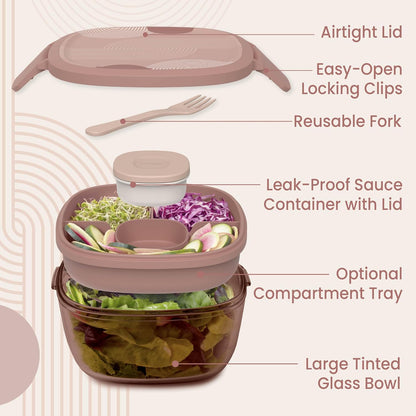 Bentgo Glass Salad Container - 7.6-Cup Salad Bowl with Airtight Lid, Leak-Proof Sauce Container, 4-Compartment Bento Tray & Reusable Fork - BPA-Free for Meal Prep, Office & More (Light Blue)