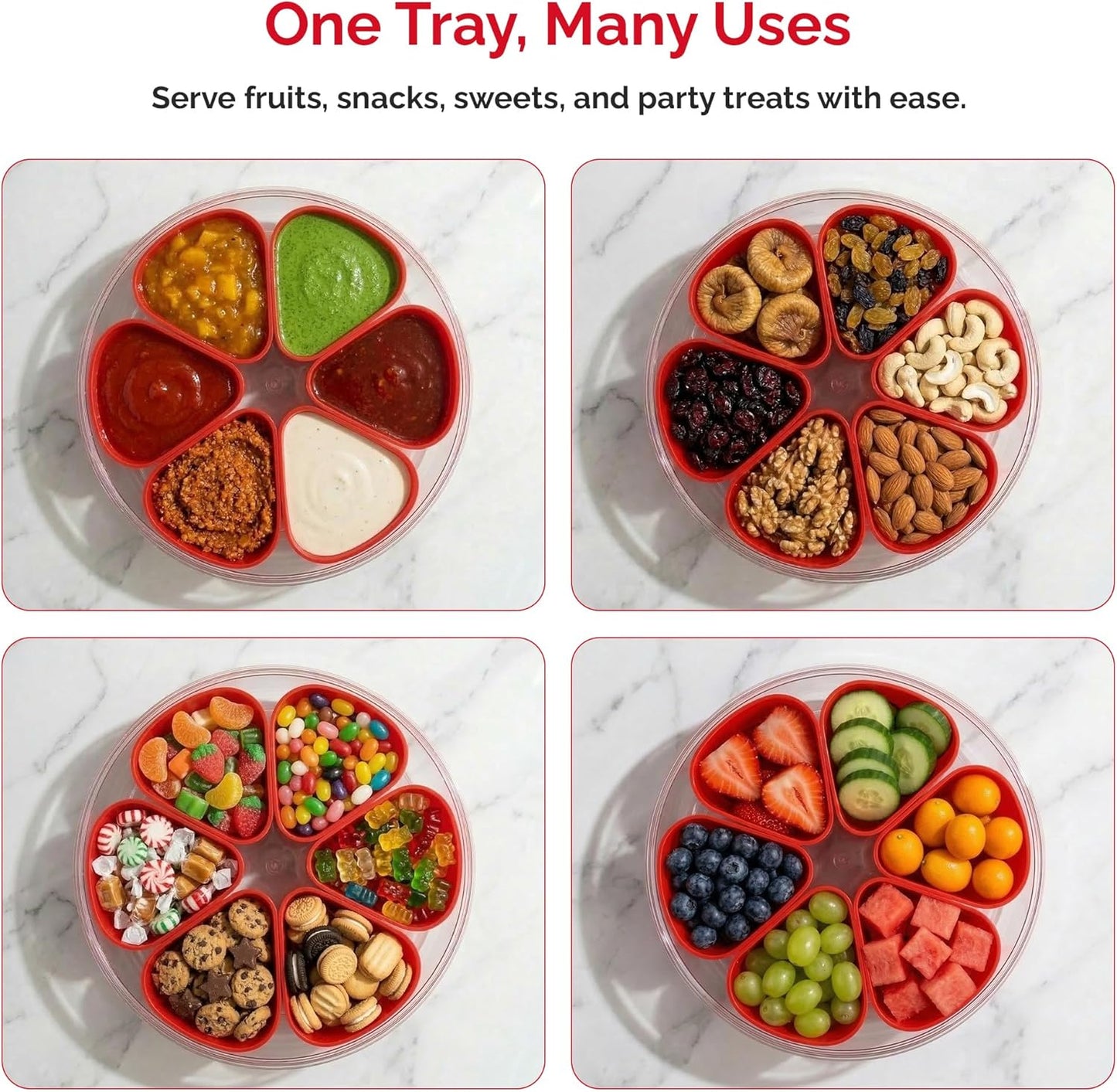 Divided Serving Tray with Lid,Stackable Snackle Box Strawberry Container for Fruits Candy Organizer, Portable Rounded Veggie Tray for Kitchen, Party, Trave and Picnic (Pink)
