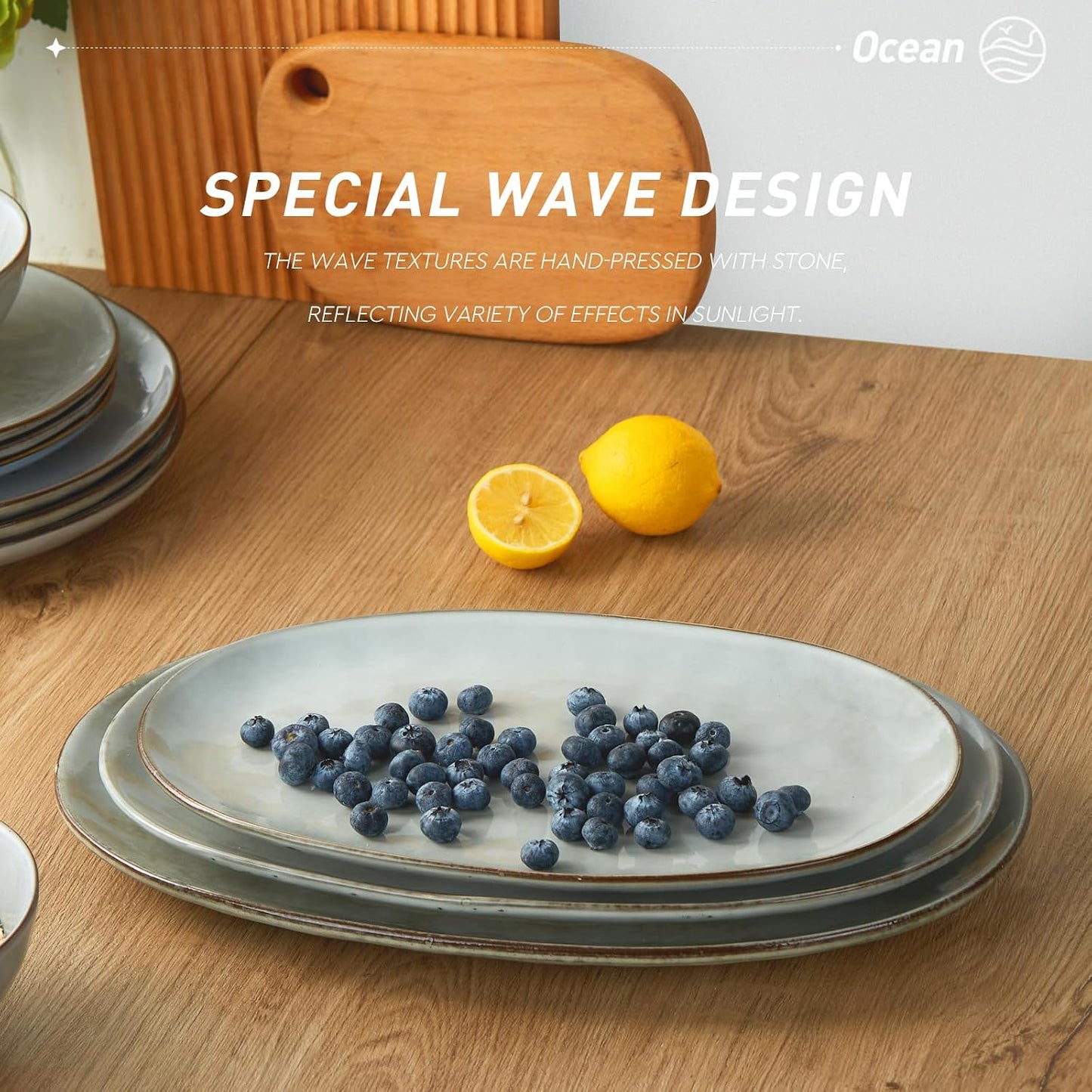 famiware Serving Platter, Oval 15.59/14.3/12.9inch Serving Dishes for Entertaining, Serving Bowls, Microwave Safe, Stoneware Serving Trays for Party, Food, Turkey, Cheese, Ocean Series, Vanilla White