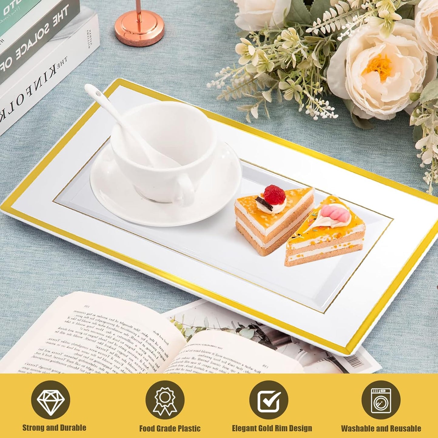 Uenhoy 8 Pcs White Plastic Serving Trays for Party 13" x 8" Rectangle Dessert Trays & Platters with Gold Trim, Fruit Tray Disposable Platters for Cupcake Cookie Dessert Appetizers