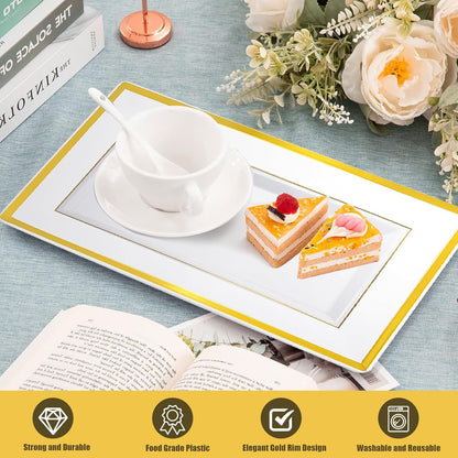 Uenhoy 8 Pcs White Plastic Serving Trays for Party 13" x 8" Rectangle Dessert Trays & Platters with Gold Trim, Fruit Tray Disposable Platters for Cupcake Cookie Dessert Appetizers