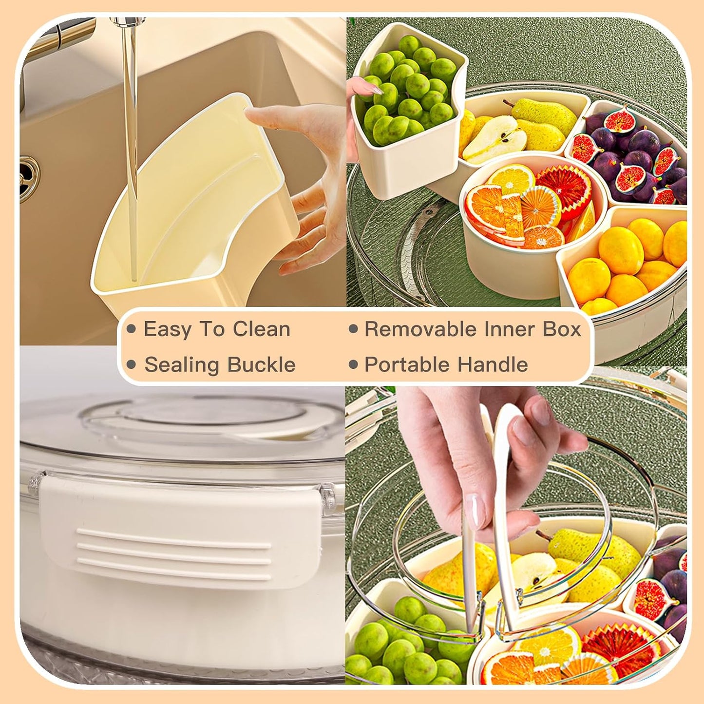 Rotating Divided Serving Tray with Lid and Handle,6 Compartments Snackle Box Container,12" Large Snack Spinner Lazy Susan,Fruit Veggie Tray Portable Round Snack Box Candy Fridge Organizer Platterbox