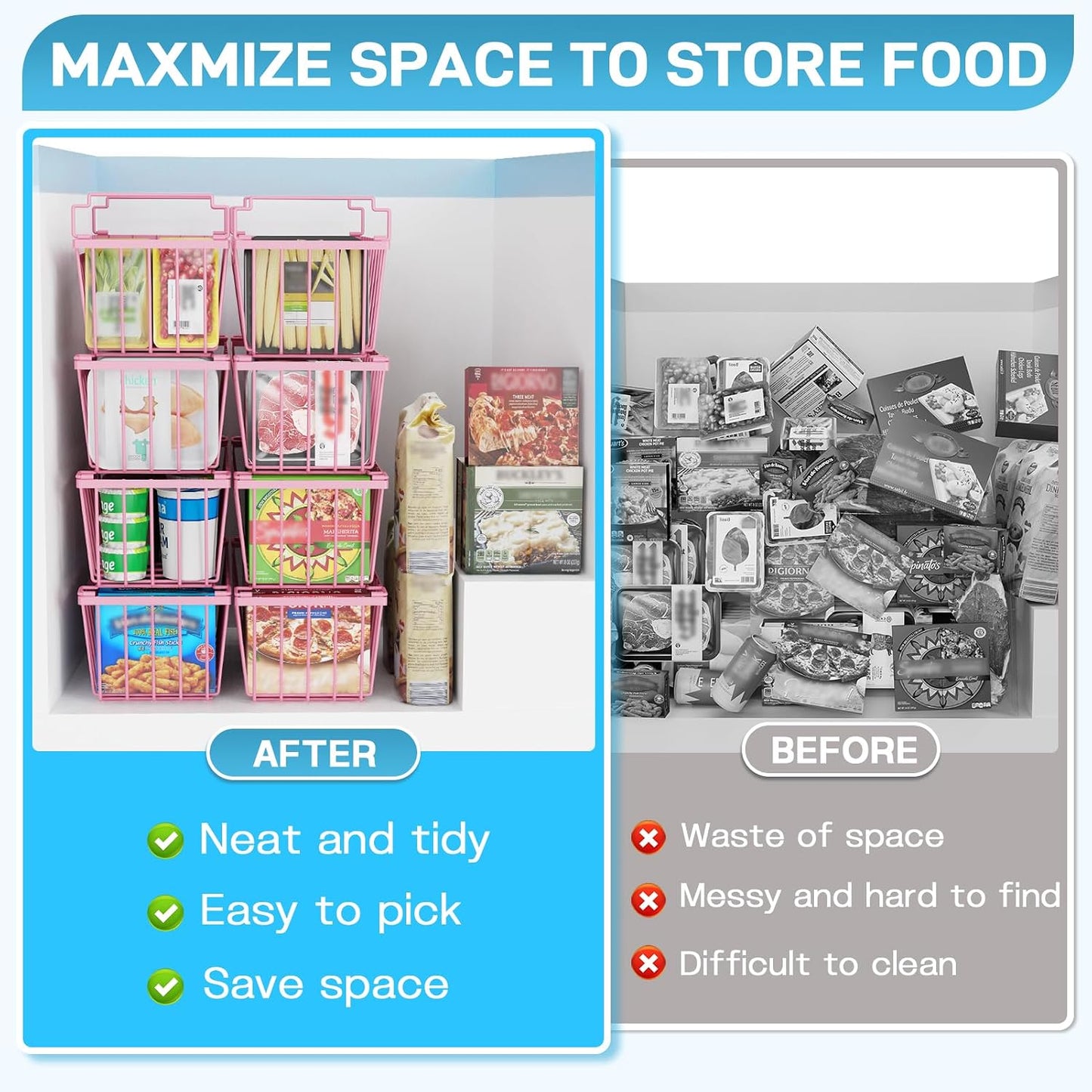 SUNALLY Freezer Organizer Bins, 4 Pack Chest Freezer Organizer Stackable for 5-7 Cu.FT Deep Freezer Sort Frozen Meats and Food, Freezer Storage Baskets with Handles Easy Reach from Bottom, White