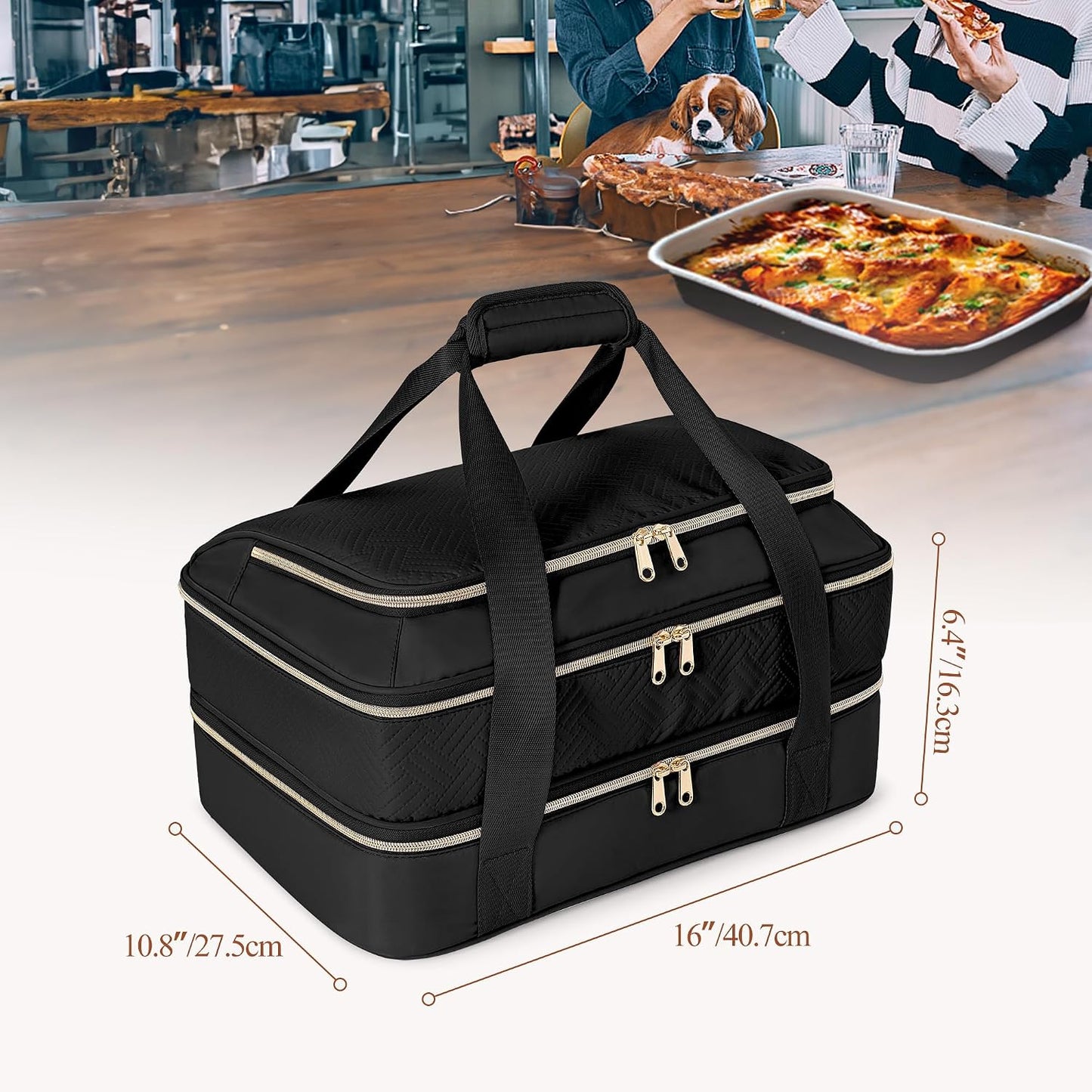 Insulated Casserole Carrier for Hot or Cold Food, Thermal Lasagna Lugger Tote to Keep Food Warm, Double Decker Food Warmer Bag Fits 9”x13” Baking Dish, Pink