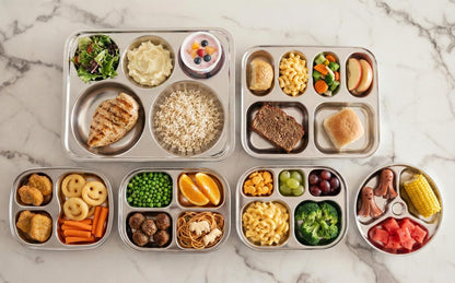 Korean Stainless Steel Divided Plates for Adults, Teens, Premium 304, Electro-Polished, No Black Residue, BPA-Free, Large 5-Compartment Food Tray, Diet Portion Control, Camping, Set of 2