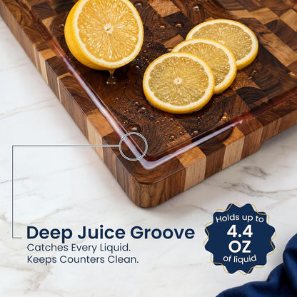 HOMESTEAD End Grain Acacia Wood Cutting Board 23x18x1.5, Reversible Butcher Block Board for Kitchen with Deep Juice Groove, Handles, Knife-Friendly Surface for Meat Chopping and Charcuterie Serving