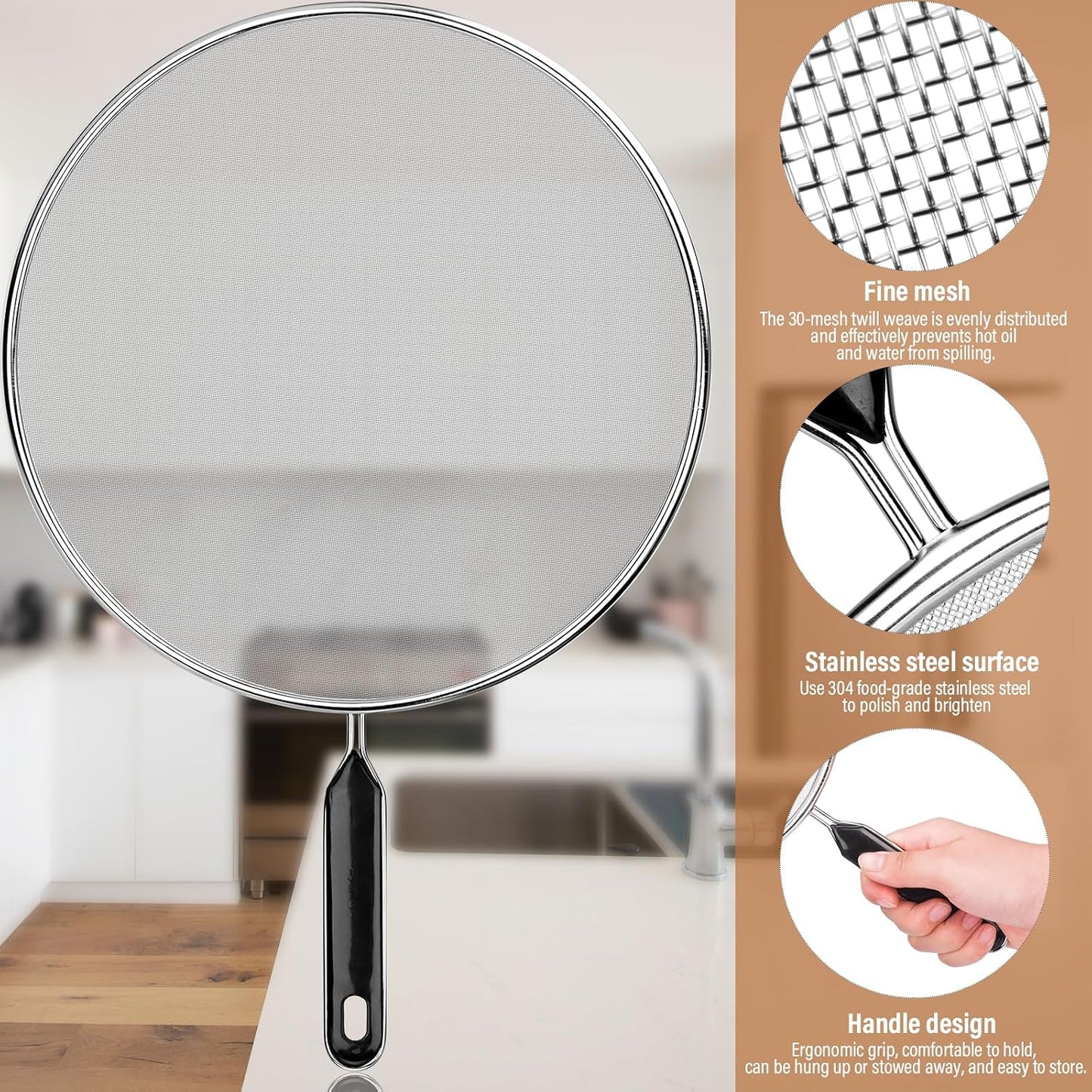 Splatter Screen for Frying Pan 13" 11.5" 9.8" Stainless Steel Fine Mesh Grease Splatter Guard with Comfort Silicone Handles and Resting Feet for Prevent Oil Splatter Safe Cooking
