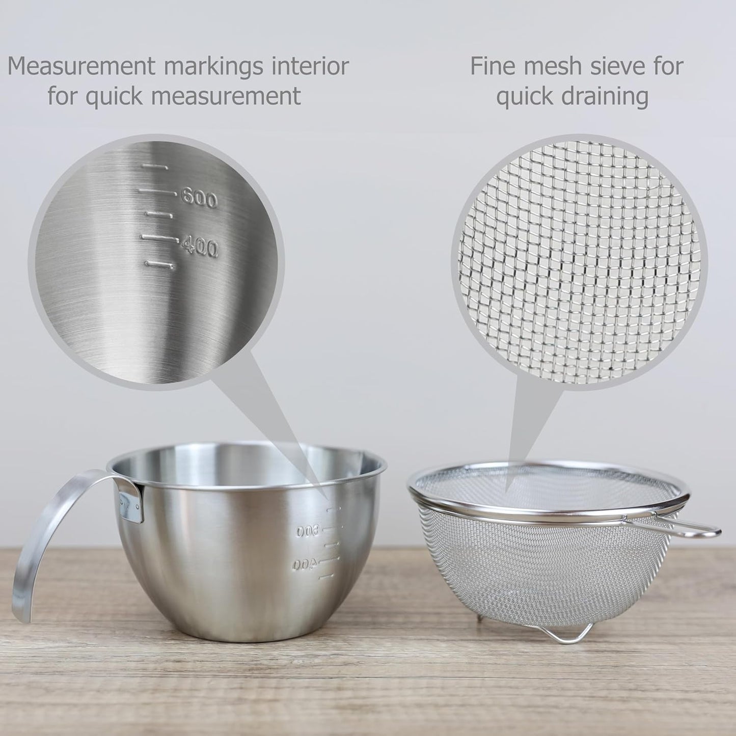 EIKS Stainless Steel Mixing Bowls with Strainers for Mixing Batter Egg Cream & Washing Draining Fruit Rice Beans Grains, Capacity of Bowl is 1000ml/1-Quart