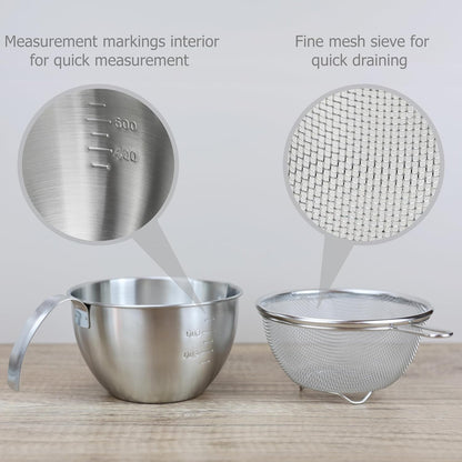 EIKS Stainless Steel Mixing Bowls with Strainers for Mixing Batter Egg Cream & Washing Draining Fruit Rice Beans Grains, Capacity of Bowl is 1000ml/1-Quart