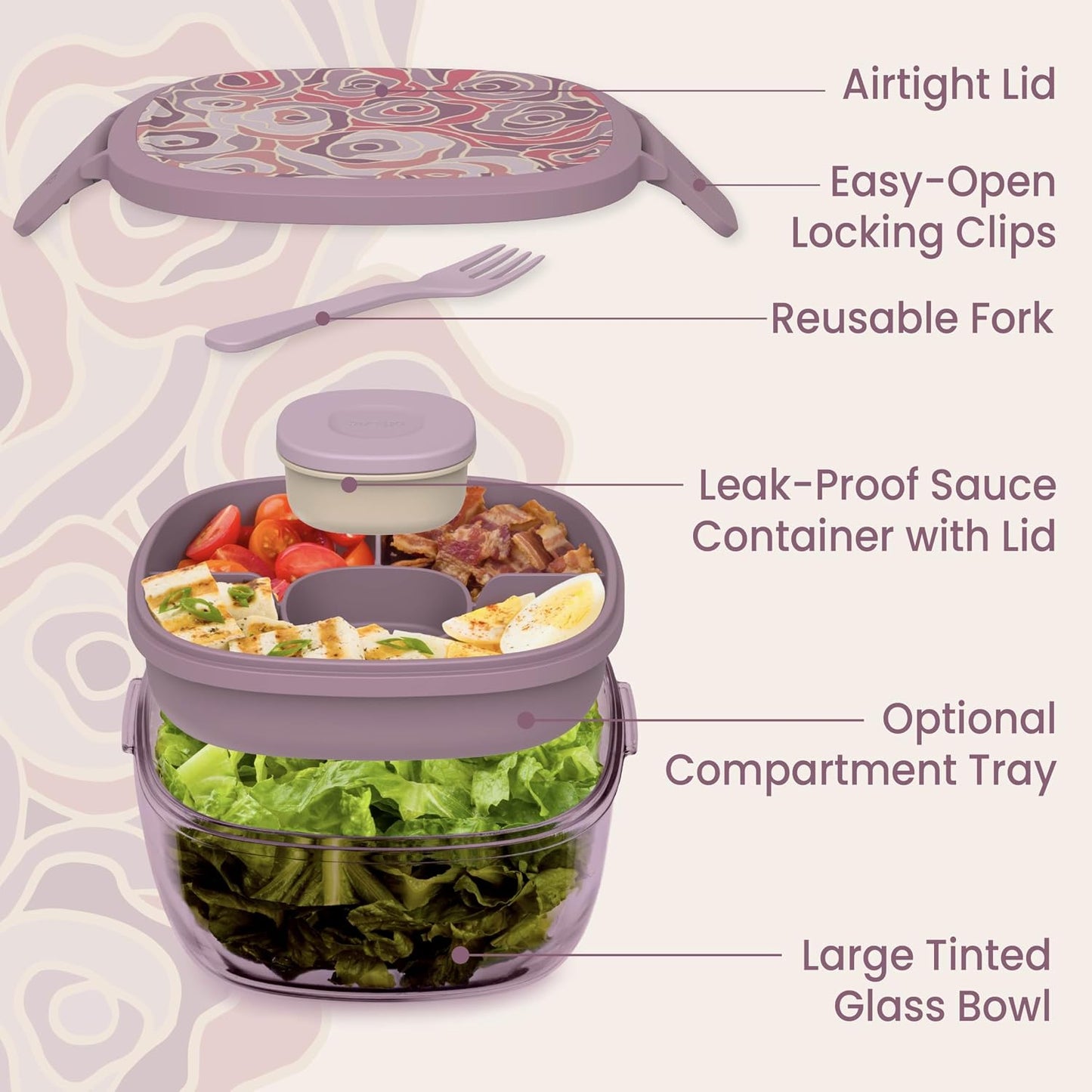 Bentgo Glass Salad Container - 7.6-Cup Salad Bowl with Airtight Lid, Leak-Proof Sauce Container, 4-Compartment Bento Tray & Reusable Fork - BPA-Free for Meal Prep, Office & More (Light Blue)