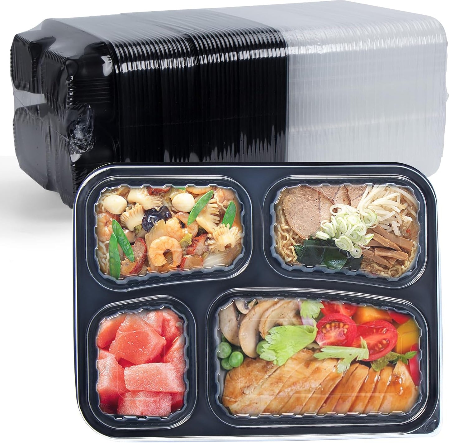 Take Out Containers 38 oz 40 Pack - Shrink Wrapped 3 Compartment Leakproof Catering | BPA Free PP Plastic Microwave & Freezer Safe | Flexible Reusable Commercial Black Lunch Boxes with Lid