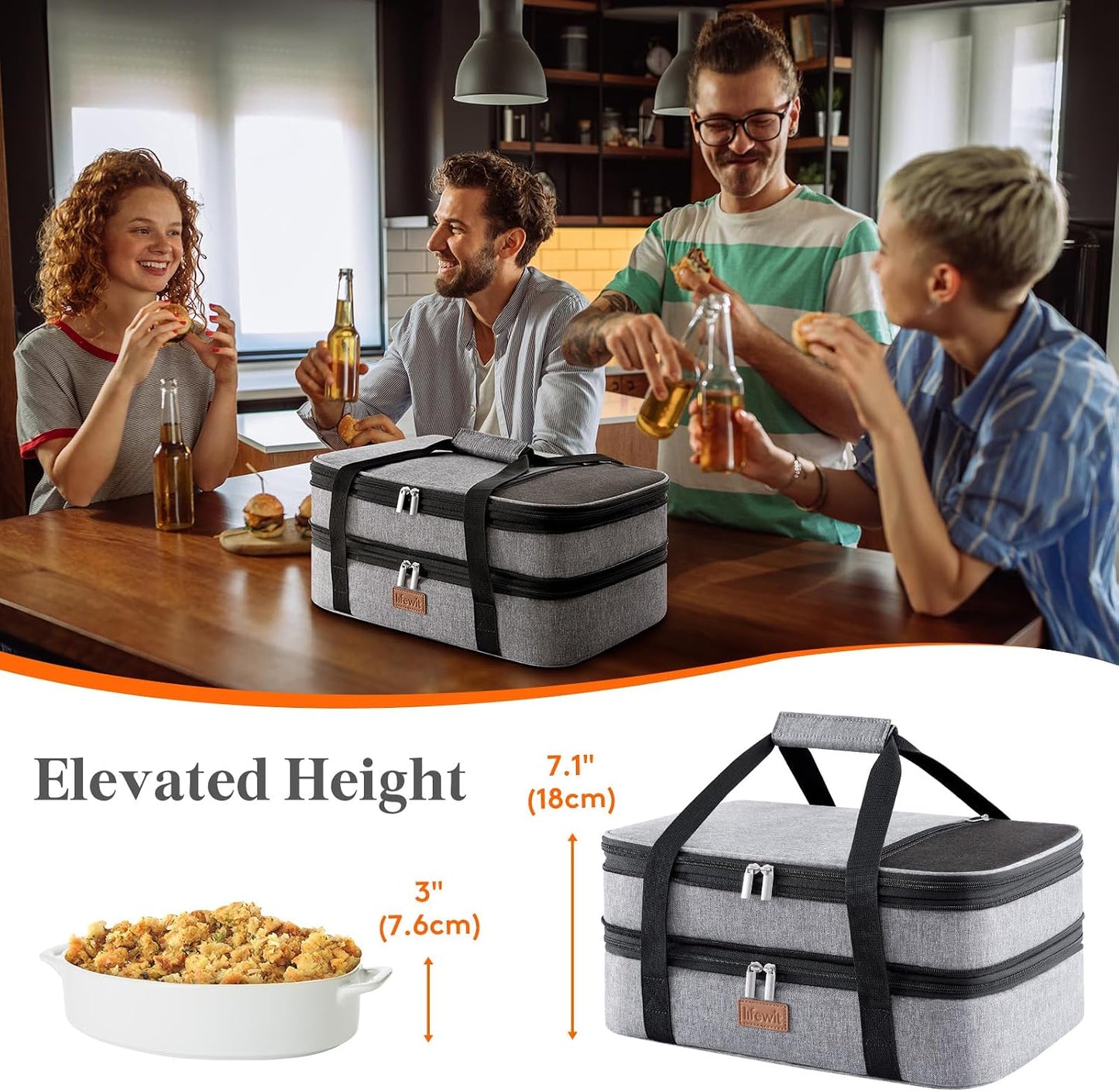 Lifewit Insulated Double Decker Casserole Carrier, Expandable Lasagna Lugger Tote Bag for Hot or Cold Food, Fits 9" x 13" Baking Dish for Potluck Parties, Picnic and Cookouts, Grey-Geometric