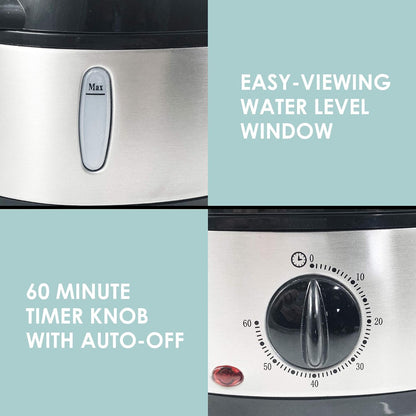 Elite Gourmet Electric Food Steamer, 3-Tier BPA-Free, 9 Qt, Stainless Steel