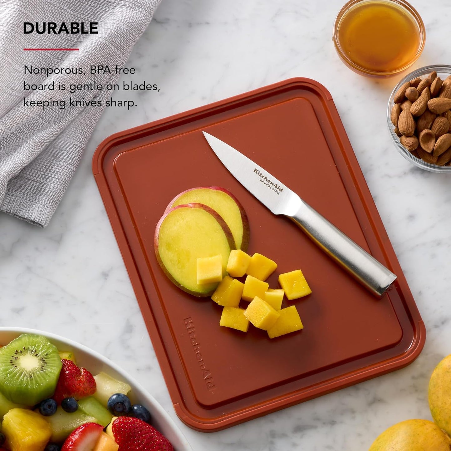 KitchenAid Classic Plastic Cutting Board with Perimeter Trench and Non Slip Edges, Dishwasher Safe, 12 inch x 18 inch, Gray
