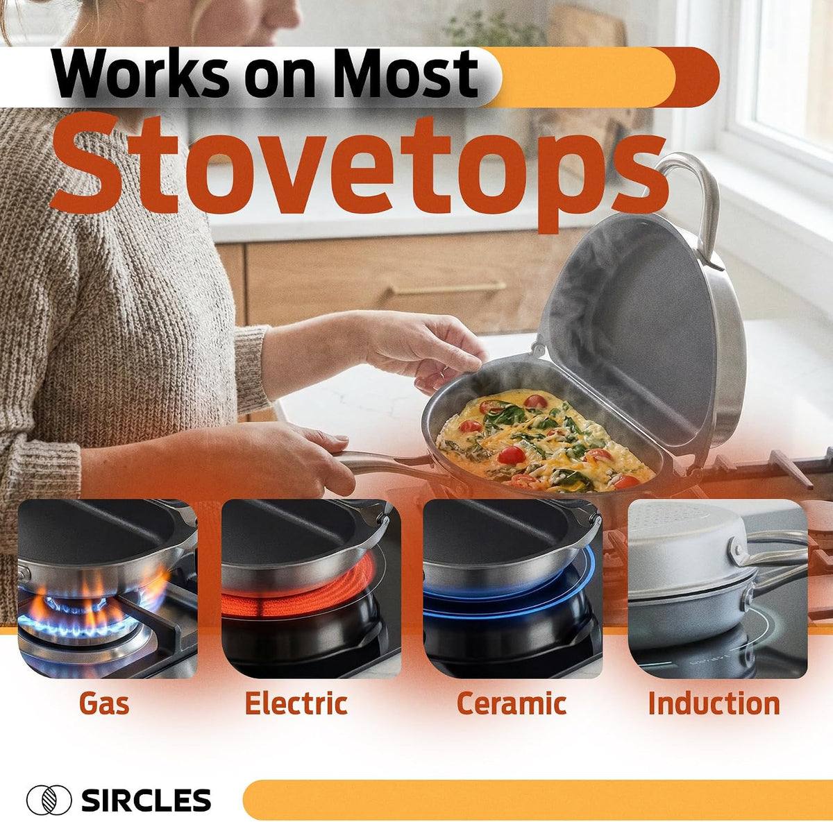 SIRCLES Double Sided Omelet Pan, Nonstick Omelette Maker, 3004 Aluminum, Induction Compatible, Dishwasher Safe, PFOA Free, Flip Lock Egg Pan with Spatula & Recipe eBook