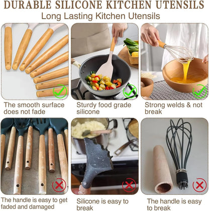 33-Piece Silicone Kitchen Cooking Utensils Set with Holder| Heat-Resistant | Non-Stick Cooking Utensils with Wooden Handles – BPA-Free Cookware Utensils set | Kitchen Tools Great for Gifting (GREEN)