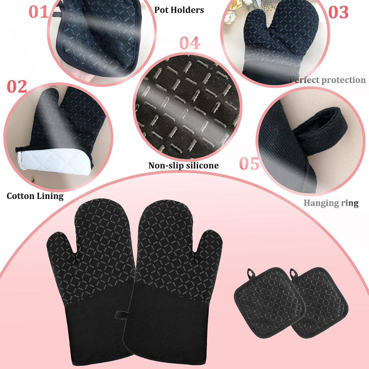 4 Pcs Oven Mitts and Pot Holders,500°F High Heat Resistant Kitchen Oven Mitts with Pot Holders,Long Oven Mitts with Recycled Cotton Infill and Silicone Non-Slip Surface for Baking and Cooking(Grey)